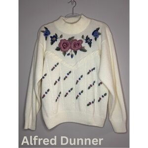 Alfred Dunner Vintage Cream Floral Embroidered Sweater Knit 80s 90s Cottagecore